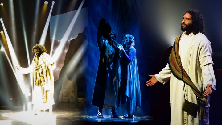 A dramatic three-part photo of a play. A man in a robe is shown on a stage in three different scenes with varying lighting and mood.