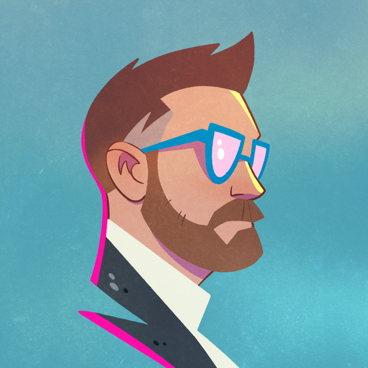 Stylistic self-portrait of a man with a full beard and glasses.